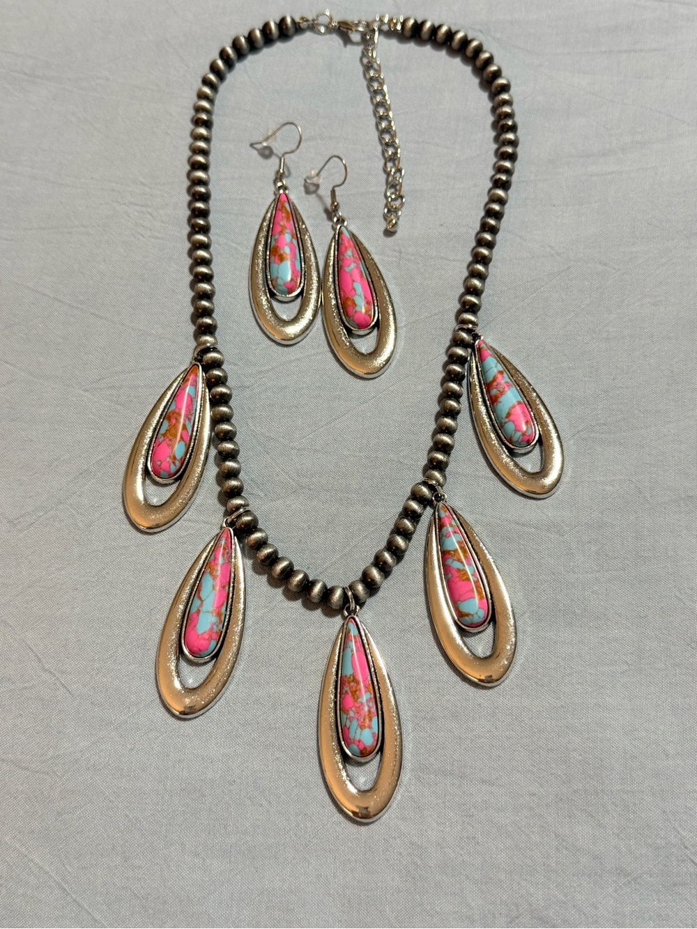 Silver-Tone Pink Turquoise Teardrop Pendant Necklace & Earrings Set